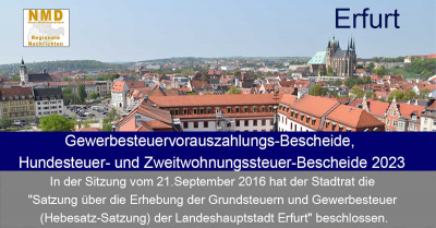 Erfurt -  Gewerbesteuervorauszahlungs-Bescheide, Hundesteuer- und Zweitwohnungssteuer-Bescheide 2023